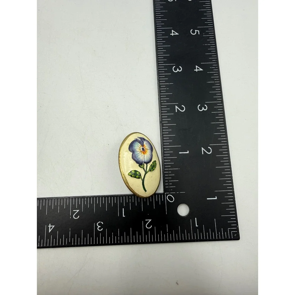Vintage Hand Painted Pansy Flower Enamel Oval Brooch Gold Tone Purple Yellow